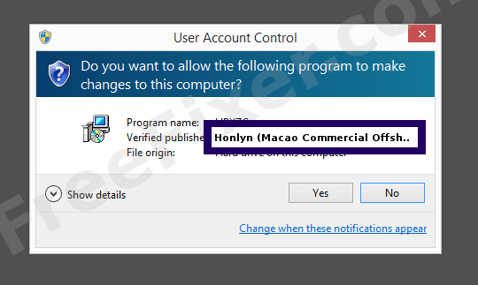 Screenshot where Honlyn (Macao Commercial Offshore) Limited appears as the verified publisher in the UAC dialog